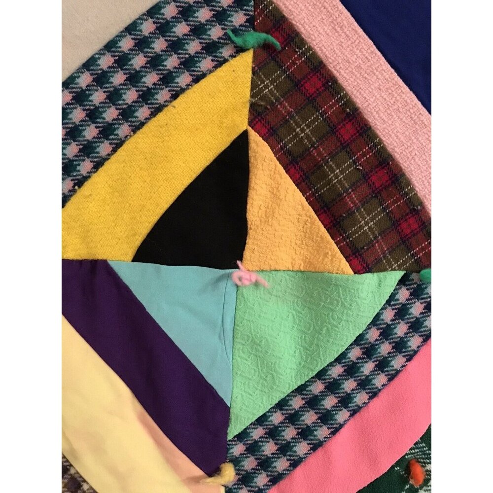 Vintage 1970s Quilt Diamond Crazy Polyester Wool Grannycore Hippie - Picture 7 of 12